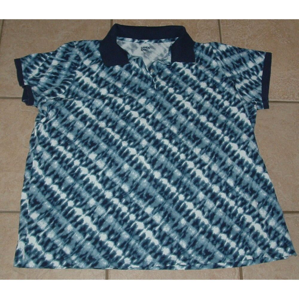 LANDS END Blue Tie Dye Plus Sz 2X (20/22) Casual Wear Stretchy Cotton Polo Shirt